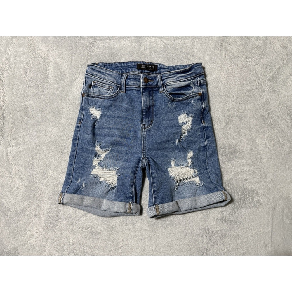Judy Blue Shorts Womens Medium Blue Denim Stretch 6" Roll Up Hem Distressed